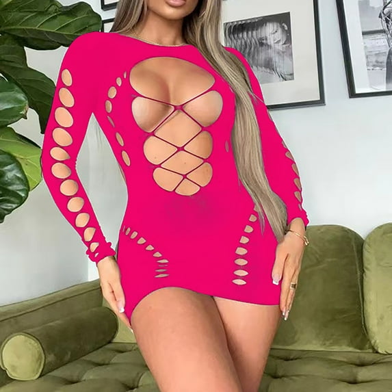 Abomasnow Lingerie for Women Sexy See Through Hollow Out Sheer Babydoll Bodysuit One Piece Long Sleeve Teddy Mesh Nightwear on Clearance