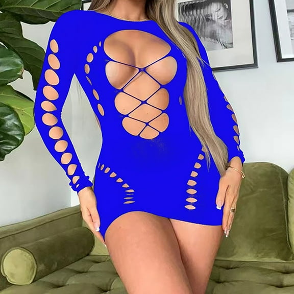 Abomasnow Lingerie for Women Sexy See Through Hollow Out Sheer Babydoll Bodysuit One Piece Long Sleeve Teddy Mesh Nightwear on Clearance