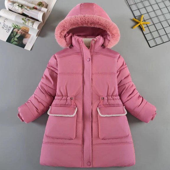 Abomasnow Little Kids Girls Warm Winter Coats Windproof Thicken Parka Jacket Fleece Lined Hooded Puffer Cotton Jacket 5-9 Years