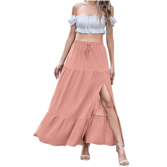 Abomasnow Long Skirts for Women Drawstring Elastic Waist Side Slipt Maxi Skorts A Line Tiered Vacation Beach Skirts