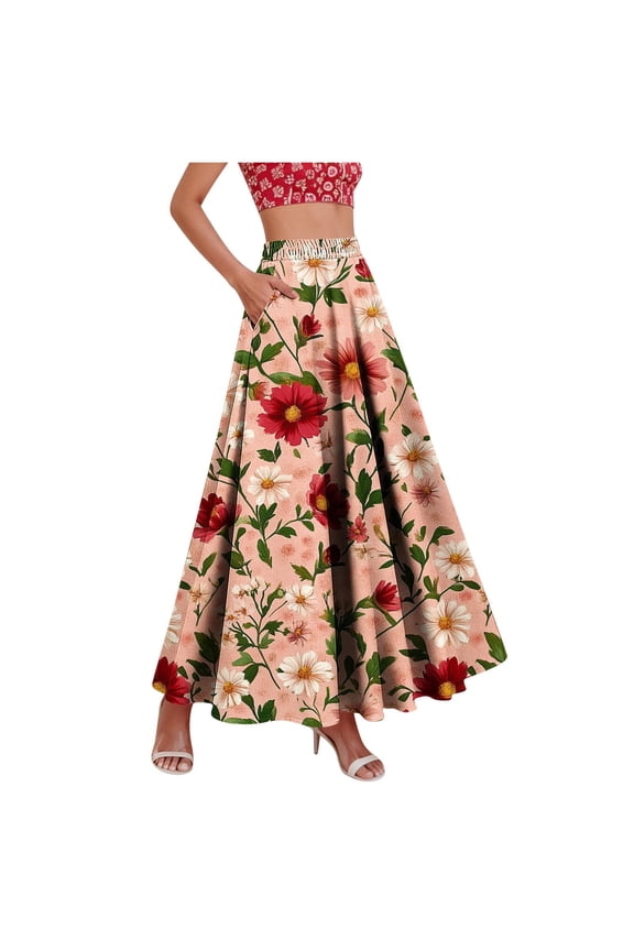 Long Skirts for Women High Waisted Pleated A-Line Swing Maxi Skirts Vintage Boho Floral Print Skirts