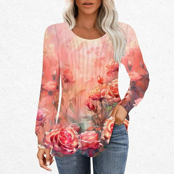 Abomasnow Long Sleeve Shirts for Women Fall Tops Casual Dressy Crew Neck Tunic Striped Print Pleated Loose Comfy Blouses Fall Lightweight Soft Fashion T Shirts