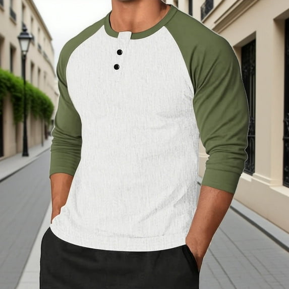 Abomasnow Long Sleeve Shirts for Men Casual Color Blocking Blouse Slim Fit Button Down Crewneck Baseball Tee Shirt S-3XL