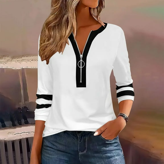 Abomasnow Long Sleeve Shirts for Women 1/2 Zipper Color Block Tunic Tops Casual Crewneck Stripe Print Blouse S-3XL
