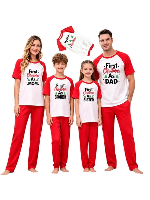 Matching Family First Christmas Sleep Sets, Tree Star Printed Raglan Short Sleeve Tops and Red Long Pants for Mom Dad Brother Sister