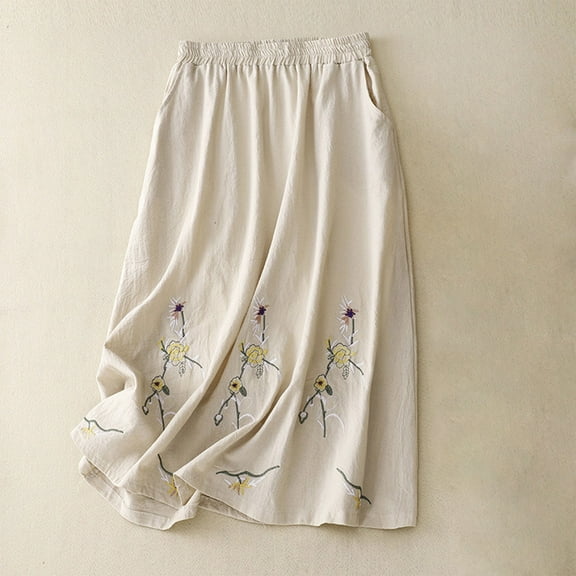 Abomasnow Maxi Skirts for Women Cotton Linen Embroidery Midi Length Long Skirt Casual Lightweight Flowy A Line Beach Party Holiday Skirt with Pockets