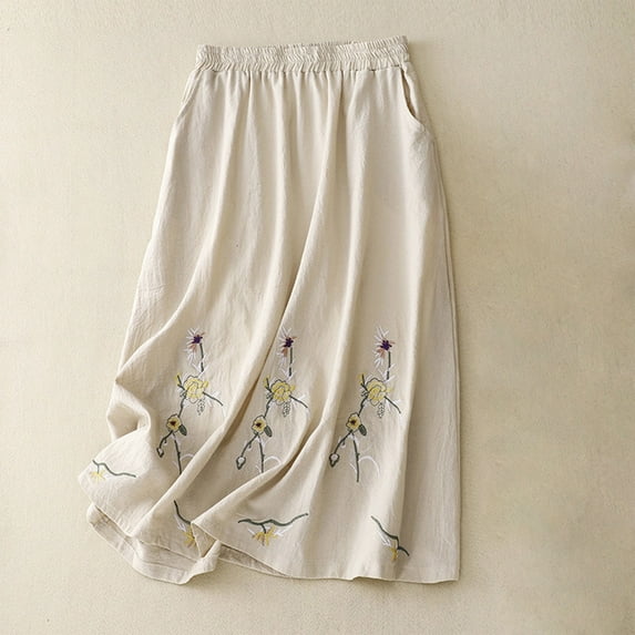 Abomasnow Maxi Skirts for Women Cotton Linen Embroidery Midi Length Long Skirt Casual Lightweight Flowy A Line Beach Party Holiday Skirt with Pockets