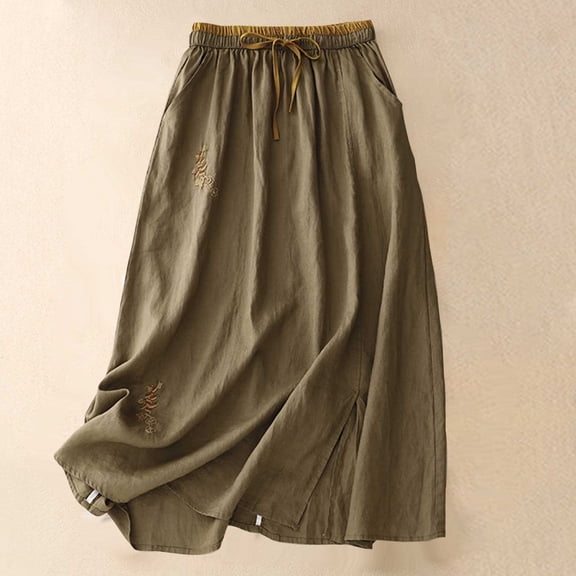 Abomasnow Maxi Skirts for Women Cotton Linen Embroidery Midi Length Long Skirt Casual Lightweight Flowy A Line Beach Party Holiday Skirt with Pockets