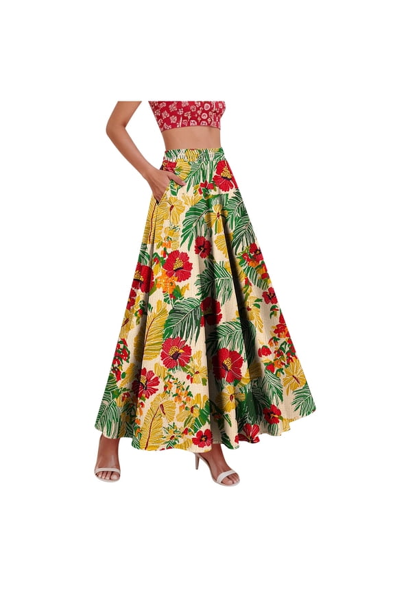 Maxi Skirts for Women Elastic High Waist Boho Floral Print Long Skirts A-Line Swing Skirts with Pockets S-3XL