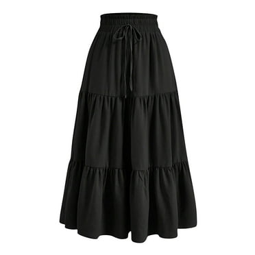 Abomasnow Maxi Skirts for Women Summer Drawstring Elastic Waist Tiered Long Skirt with Pockets