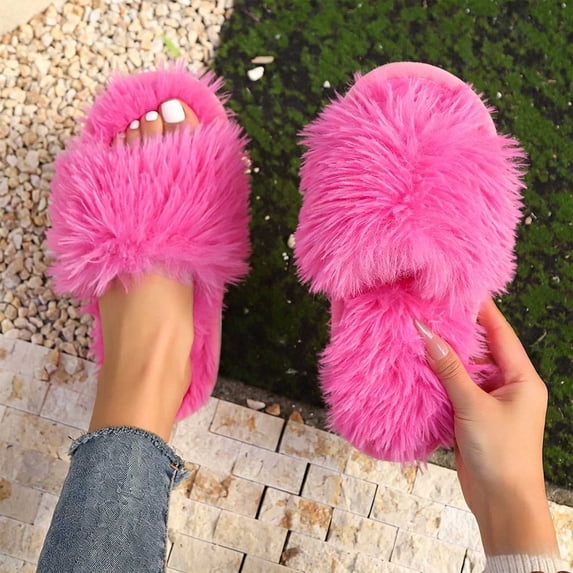 Abomasnow Memory Foam Slippers for Women Faux Fur Cross Band Open Toe Indoor Outdoor Slippers