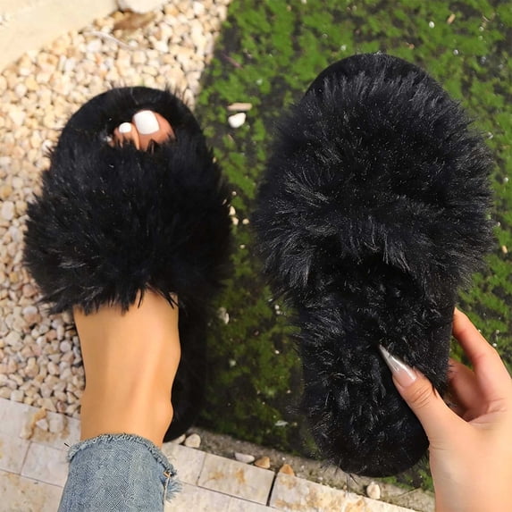 Abomasnow Memory Foam Slippers for Women Faux Fur Cross Band Open Toe Indoor Outdoor Slippers