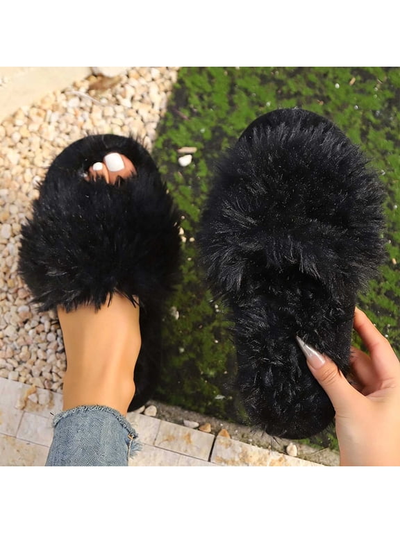 Memory Foam Slippers for Women Faux Fur Cross Band Open Toe Indoor Outdoor Slippers