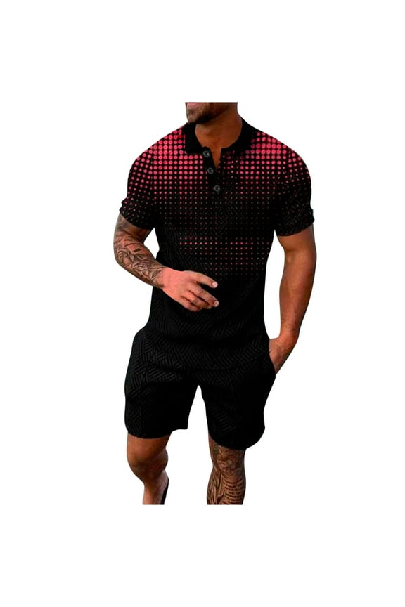 Men's 2 Piece Outfits Casual Short Sleeve Muscle Shirts and Shorts Summer Button Down T-Shirts Tracksuit Set on Clearance