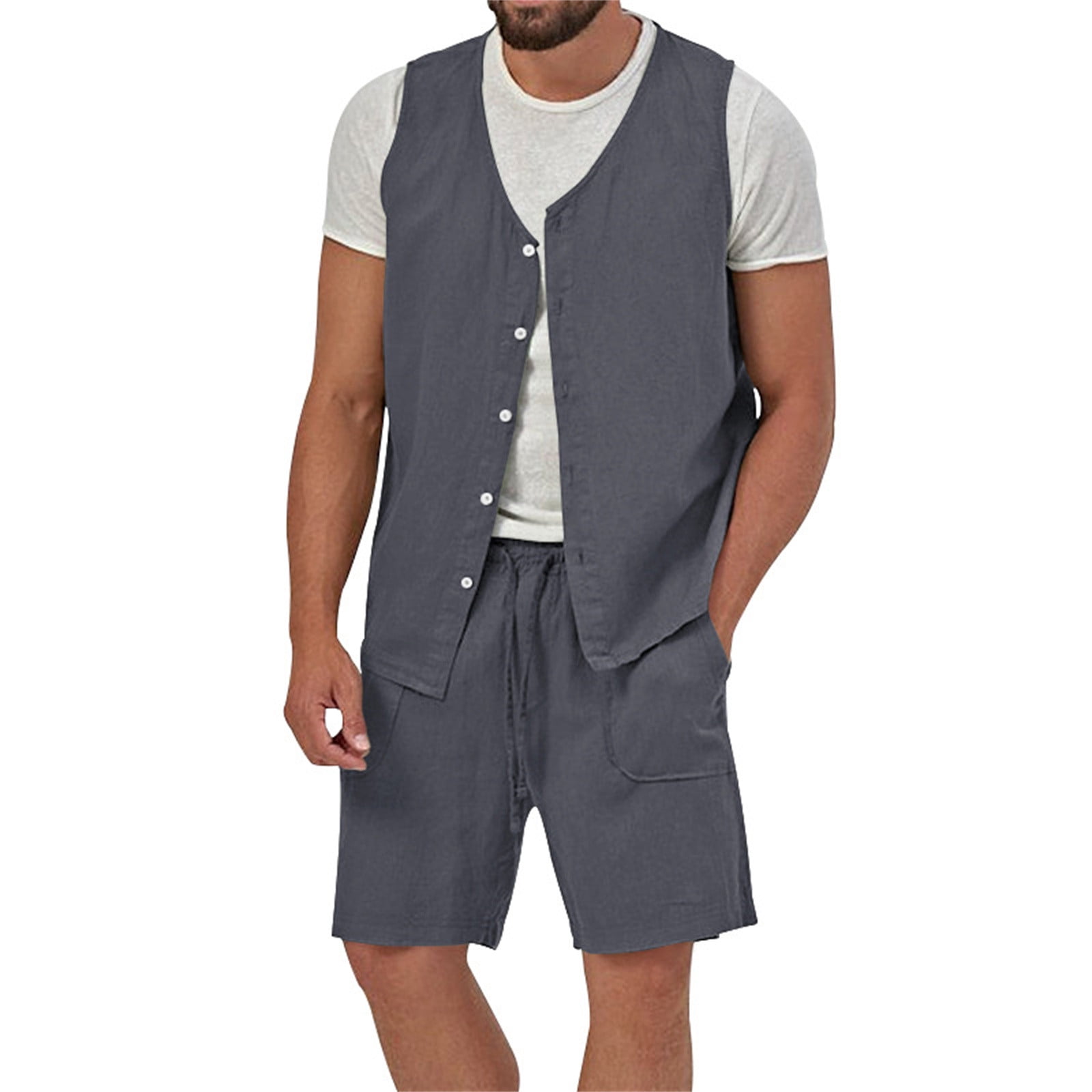Abomasnow Men's 2 Piece Outfits Cotton Linen Button Down Tank Tops and ...