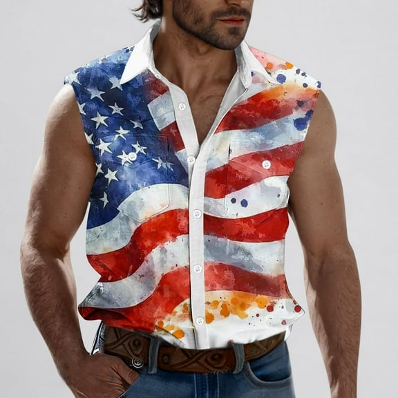 Abomasnow Men's 4th of July TShirts Sleeveless American Flag Stars Graphic Shirts Button Down Lapel Patriotic Tank Tops with Pockets (S-XXXL)