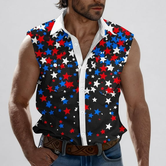 Abomasnow Men's 4th of July TShirts Sleeveless American Flag Stars Graphic Shirts Button Down Lapel Patriotic Tank Tops with Pockets (S-XXXL)