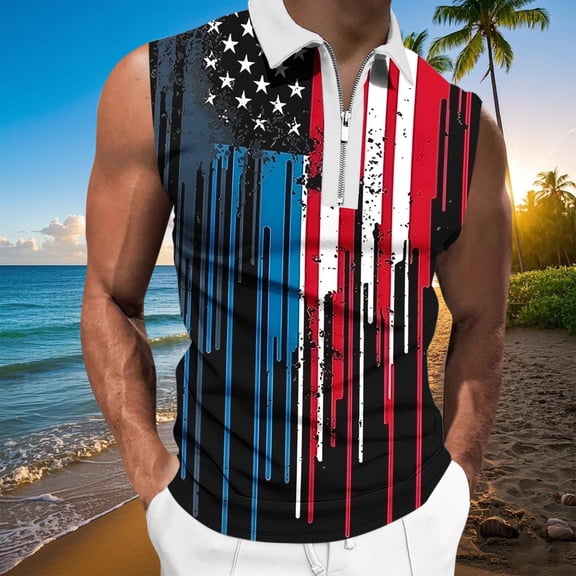 Abomasnow Men's American Flag Tank Tops 4th of July Half Zip Shirt Sleeveless Patriotic Independence Day Muscle Cutoff Shirt (S-XXXL)