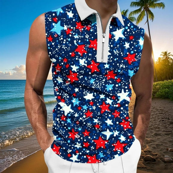 Abomasnow Men's American Flag Tank Tops 4th of July Half Zip Shirt Sleeveless Patriotic Independence Day Muscle Cutoff Shirt (S-XXXL)