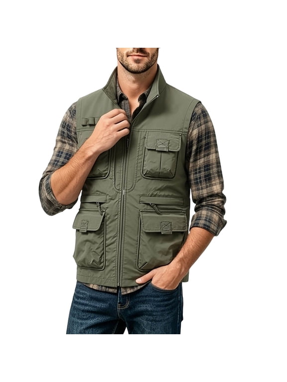 Men's Big and Tal Cargo Vest Full Zip Sleeveless Stand Collar Mesh Lining Jackets Casual Lightweight Outdoor Travel Hiking Fishing Vest with Multi Pockets