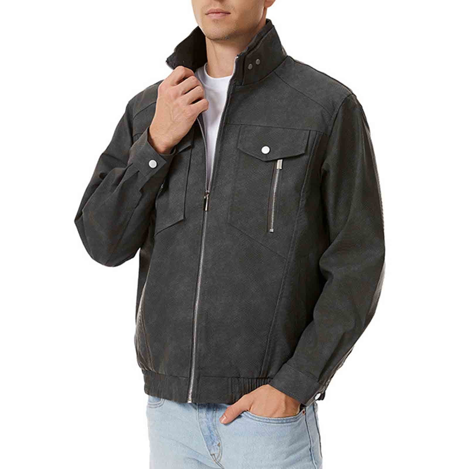 Abomasnow Men's Big & Tall Faux Leather Denim Jacket Vintage Zip Up Turtleneck Jean Jacket with Multiple Pockets M-4XL