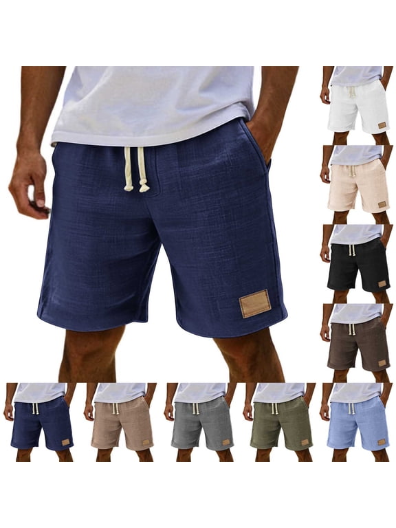 Men's Big and Tall Cotton Shorts Elastic High Waist Drawstring Wide Leg Shorts Casual Lightweight Summer Beach Vacation Shorts with Pockets