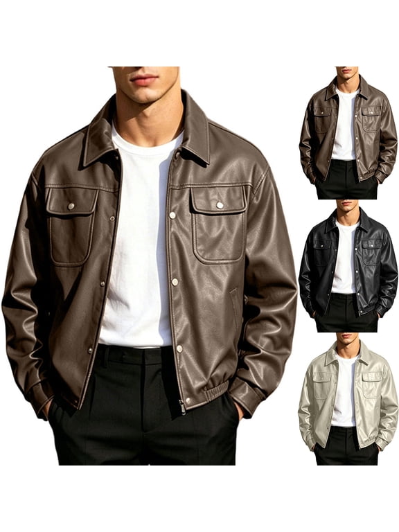 Men's Big and Tall Leather Jackets Button Down Long Sleeve Collared Jackets Casual Vintage Style Leather Jackets with Pockets