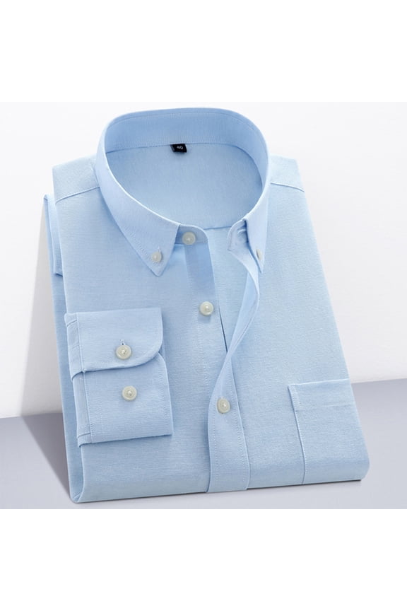 Men's Cotton Oxford Shirt Casual Wrinkle-Resistant Business T-Shirts Long Sleeve Button Down Lapel Shirts with Pockets