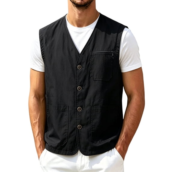 Abomasnow Men's Cotton Vests Casual Sleeveless V Neck Button Down Travel Workwear with Pockets