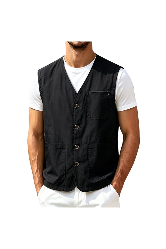 Men's Cotton Vests Casual Sleeveless V Neck Button Down Travel Workwear with Pockets
