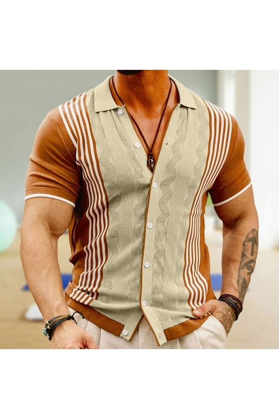 Men's Cuban Stripe Shirts Classic Fit Vintage Knit Short Sleeve Button Shirts Spread Collar Outdoor Beach Business Office Work Tee Shirts on Sale 2025