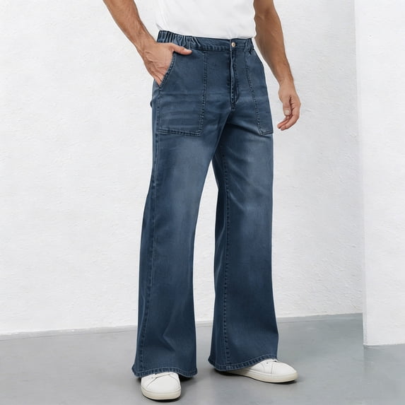 Abomasnow Men's Elastic Waist Baggy Jeans High Waist Stretchy Wide Leg Denim Trousers S-3XL