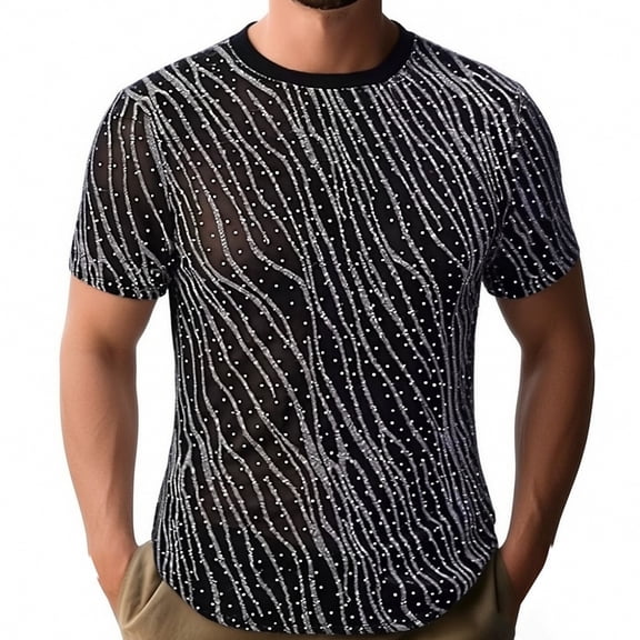 Abomasnow Men's Glitter Mesh Sheer T Shirt Rave See Through Shirt Short Sleeve Crewneck Party Tops