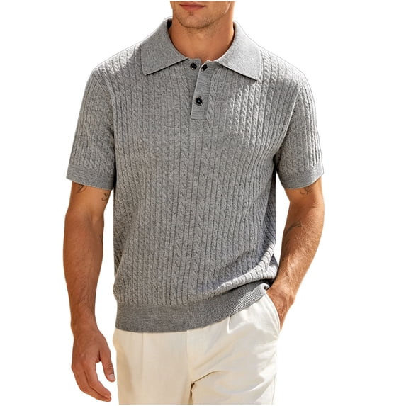 Abomasnow Men's Golf Shirts Quarter Button Short Sleeve Collared Cable Knit Shirts Work Office Business Casual Ribbed Hem T-Shirts