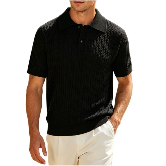 Abomasnow Men's Golf Shirts Quarter Button Short Sleeve Collared Cable Knit Shirts Work Office Business Casual Ribbed Hem T-Shirts