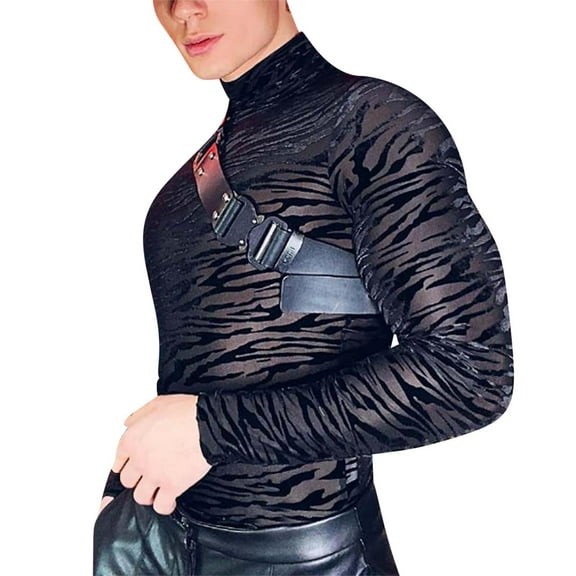 Abomasnow Men's Graphic See Through Shirts Casual Mock Neck PU Leather Stretchy Pullover Tops Slim Fit Long Sleeve Mesh Tee Shirt