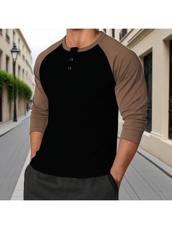 Men's Henley Neck Shirts Slim Fit Long Sleeve Color Block T-Shirts Raglan Sleeve Athletic Baseball Jersey Tee S-3XL