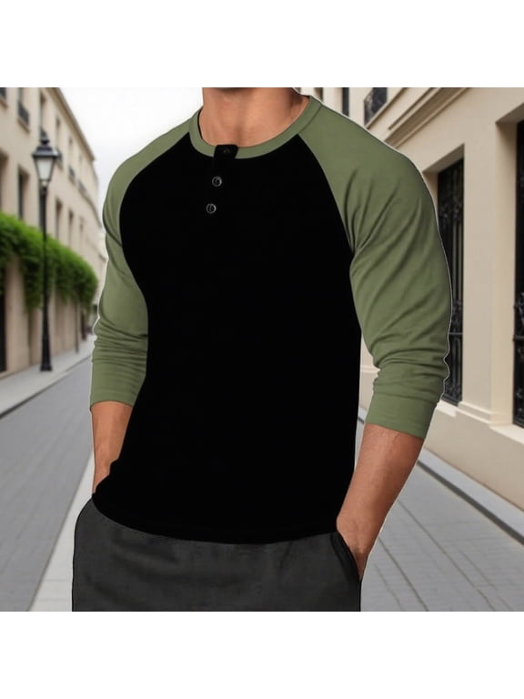 Men's Henley Neck Shirts Slim Fit Long Sleeve Color Block T-Shirts Raglan Sleeve Athletic Baseball Jersey Tee S-3XL