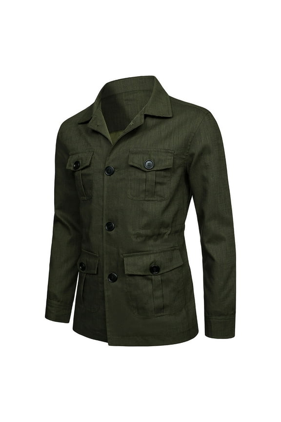 Men's Jacket Cotton Linen Lightweight Casual Jackets Fall Vintage Solid Color Button Up Outdoor Outwear Sport Coats with Multi Pockets