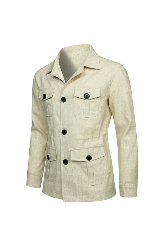 Men's Jacket Cotton Linen Lightweight Casual Jackets Fall Vintage Solid Color Button Up Outdoor Outwear Sport Coats with Multi Pockets