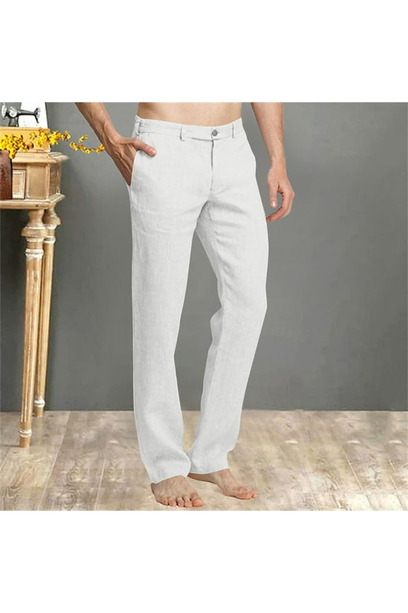 Men's Linen Blend Dress Pants, Flat Front, Lightweight Breathable Fabric, Durable Plain Weave