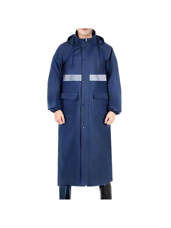 Men's Long Rain Jacket with Hood Lightweight Reflective Stripes Waterproof Emergency Rain Jacket