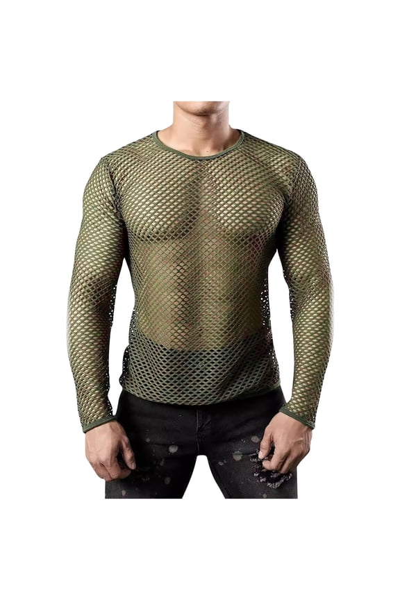 Men's Mesh Fishnet Tops Long Sleeve Sheer See Through T-Shirts Slim Fit Muscle Clubwear Blouse