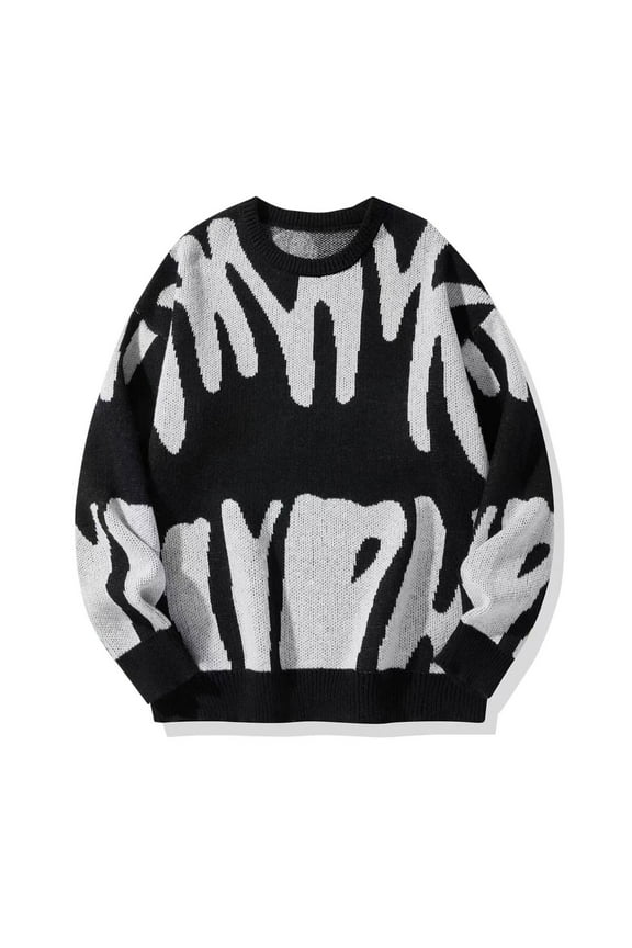 Men's Oversized Sweater Color Block Flame Graphic Y2K Knitted Jumper Pullover Long Sleeve Crewneck Sweaters