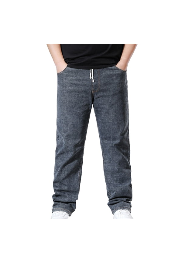 Men's Plus Size Jeans Elastic High Waist Drawstring Pull On Denim Pants Casual Straight Leg Loose Pants with Pockets