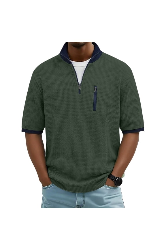 Men's Quarter Zip Golf Shirts Casual Long Sleeve Pullover Tops Lightweight Mock Neck Waffle Shirts with Pockets