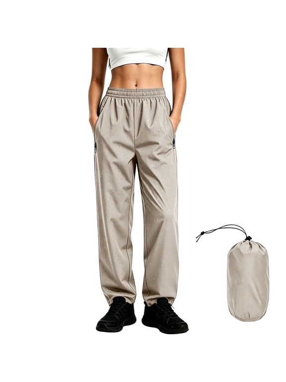 Men's Rain Pants Lightweight Elastic Waist Windproof Waterproof Packable Hiking Fishing Outdoor Pants with Storage Pocket