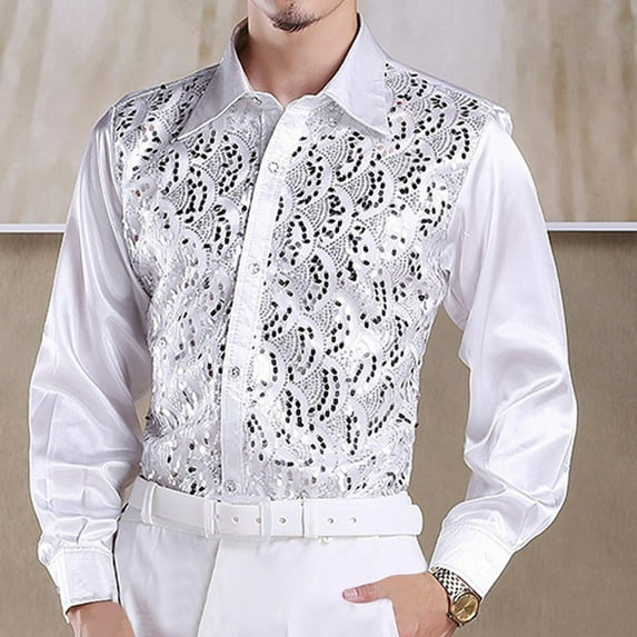 Abomasnow Men's Sequin Tuxedo Shirt Casual Vintage Long Sleeve Solid Lapel Ruffled Button Down Blouses Wedding Stage Party Hippie Performance Dress Shirts