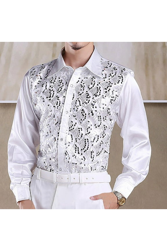 Men's Sequin Tuxedo Shirt Casual Vintage Long Sleeve Solid Lapel Ruffled Button Down Blouses Wedding Stage Party Hippie Performance Dress Shirts