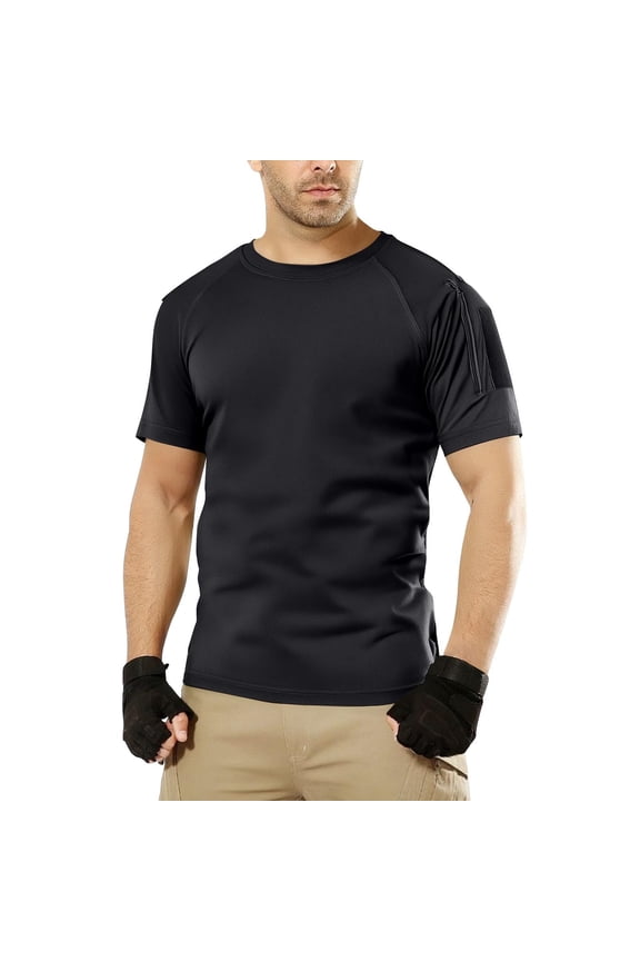 Men's Short Sleeve Military Tactical T-Shirt, Athletic Gym Training Army Shirts, Outdoor Hiking Workout Shirt with Hidden Pockets
